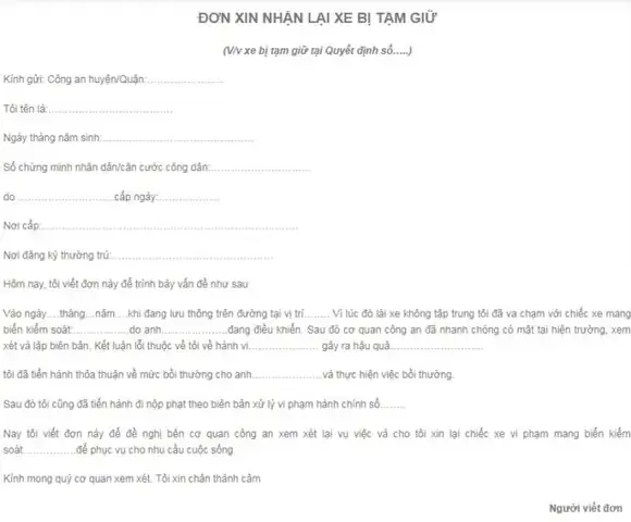 Hướng Dẫn Viết Đơn Xin Lấy Xe Ô Tô Bị Tạm Giữ Chuẩn Mực