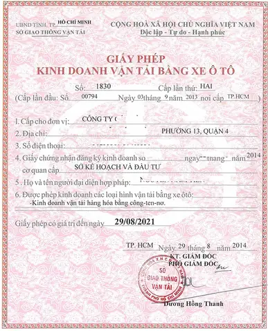 Giấy Phép Kinh Doanh Vận Tải Bằng Xe Ô Tô