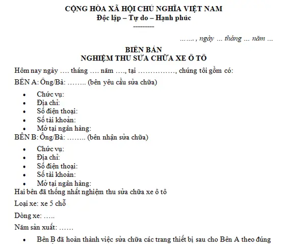 Mẫu Biên Bản Nghiệm Thu Sửa Chữa Xe Ô Tô