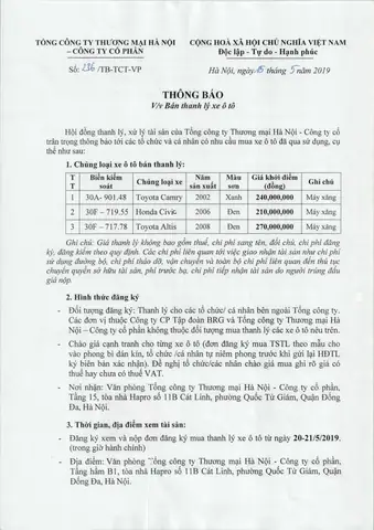 Thông Báo Thanh Lý Xe Ô Tô Thông Báo Thanh Lý Xe Ô Tô