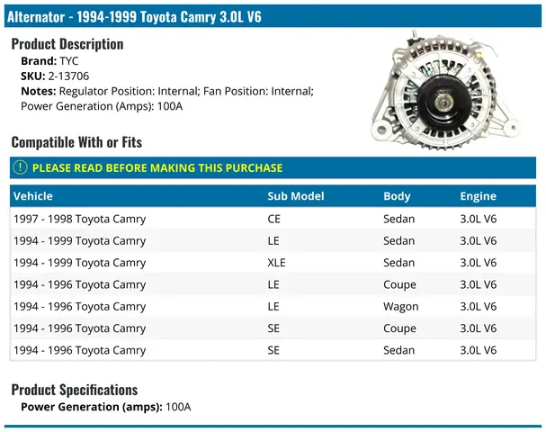 1999 Toyota Camry Alternator