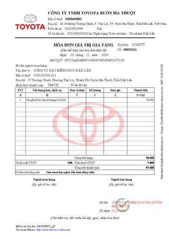Hóa Đơn Toyota Hóa Đơn Toyota