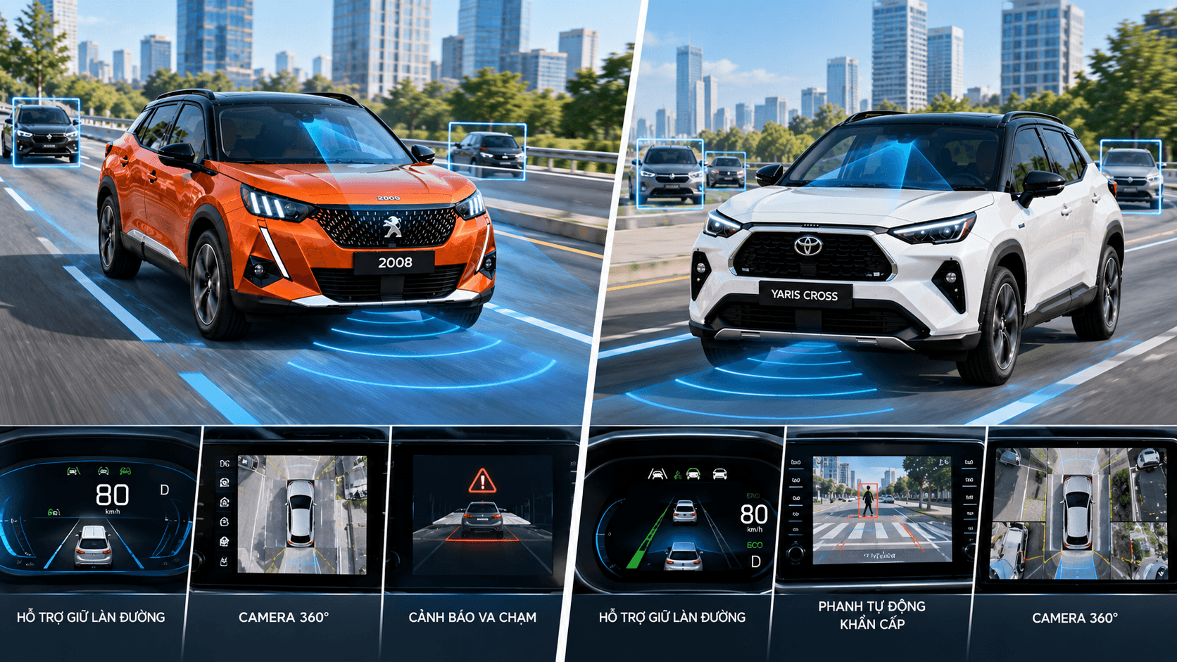 Công nghệ hỗ trợ lái và hệ thống cảnh báo an toàn trên Peugeot 2008 và Toyota Yaris Cross