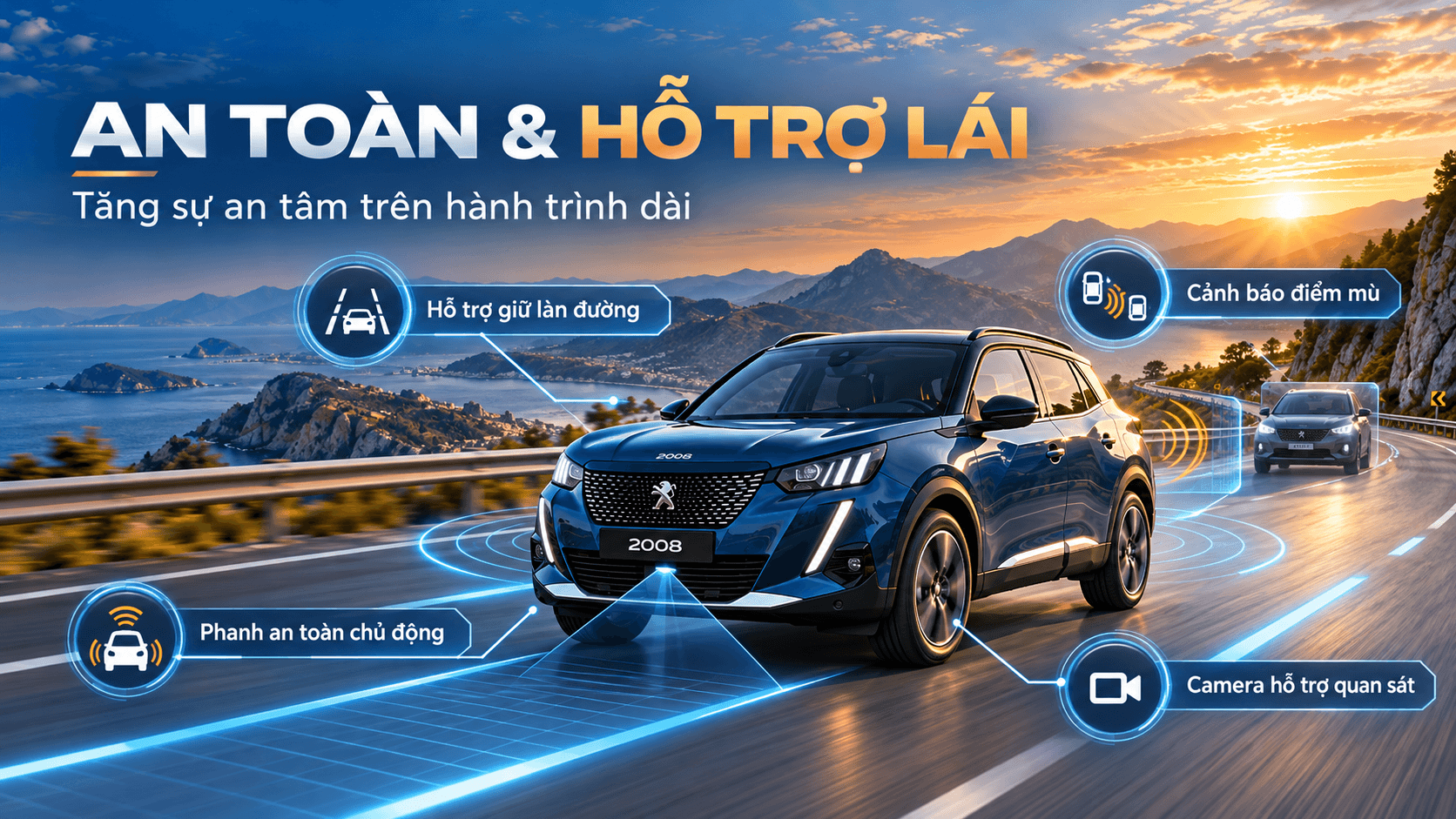 Công nghệ an toàn Peugeot 2008 hỗ trợ giữ làn đường, cảnh báo điểm mù và phanh chủ động
