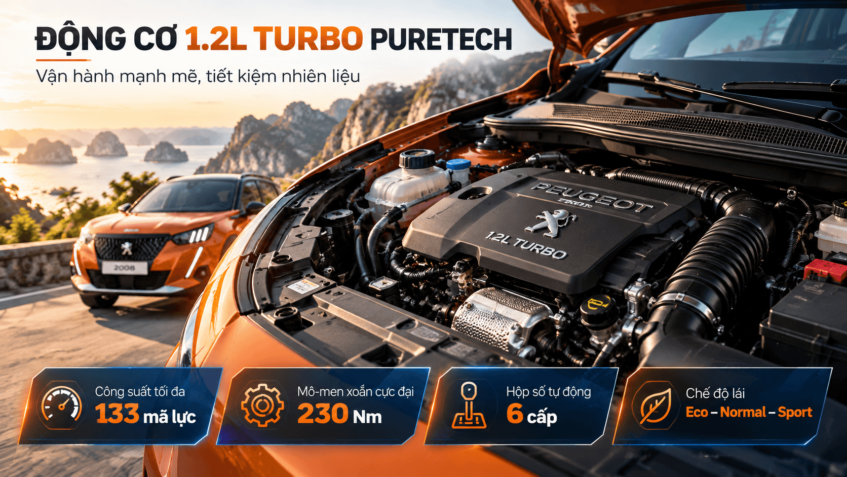 Động cơ Peugeot 2008 1.2L Turbo PureTech với công suất 133 mã lực và mô-men xoắn 230 Nm