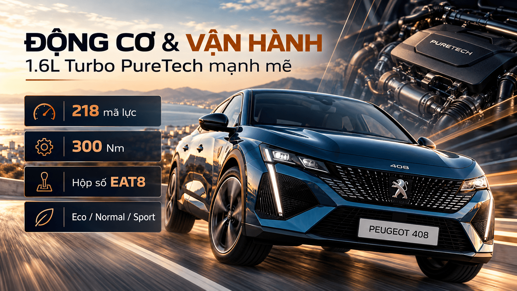 Động cơ Peugeot 408 1.6L Turbo PureTech công suất 218 mã lực và mô-men xoắn 300 Nm