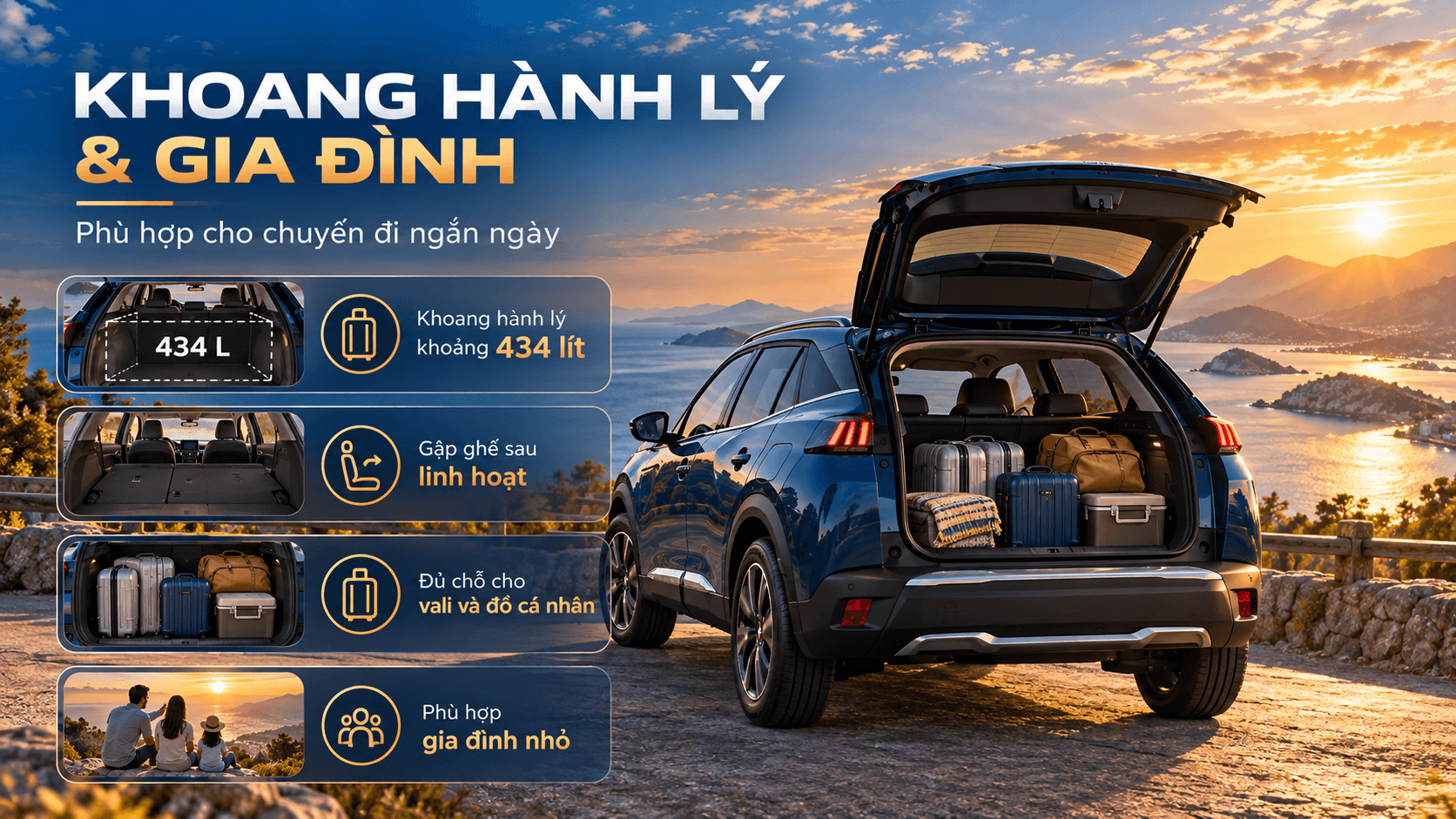 Khoang hành lý Peugeot 2008 dung tích khoảng 434 lít phù hợp chuyến du lịch gia đình