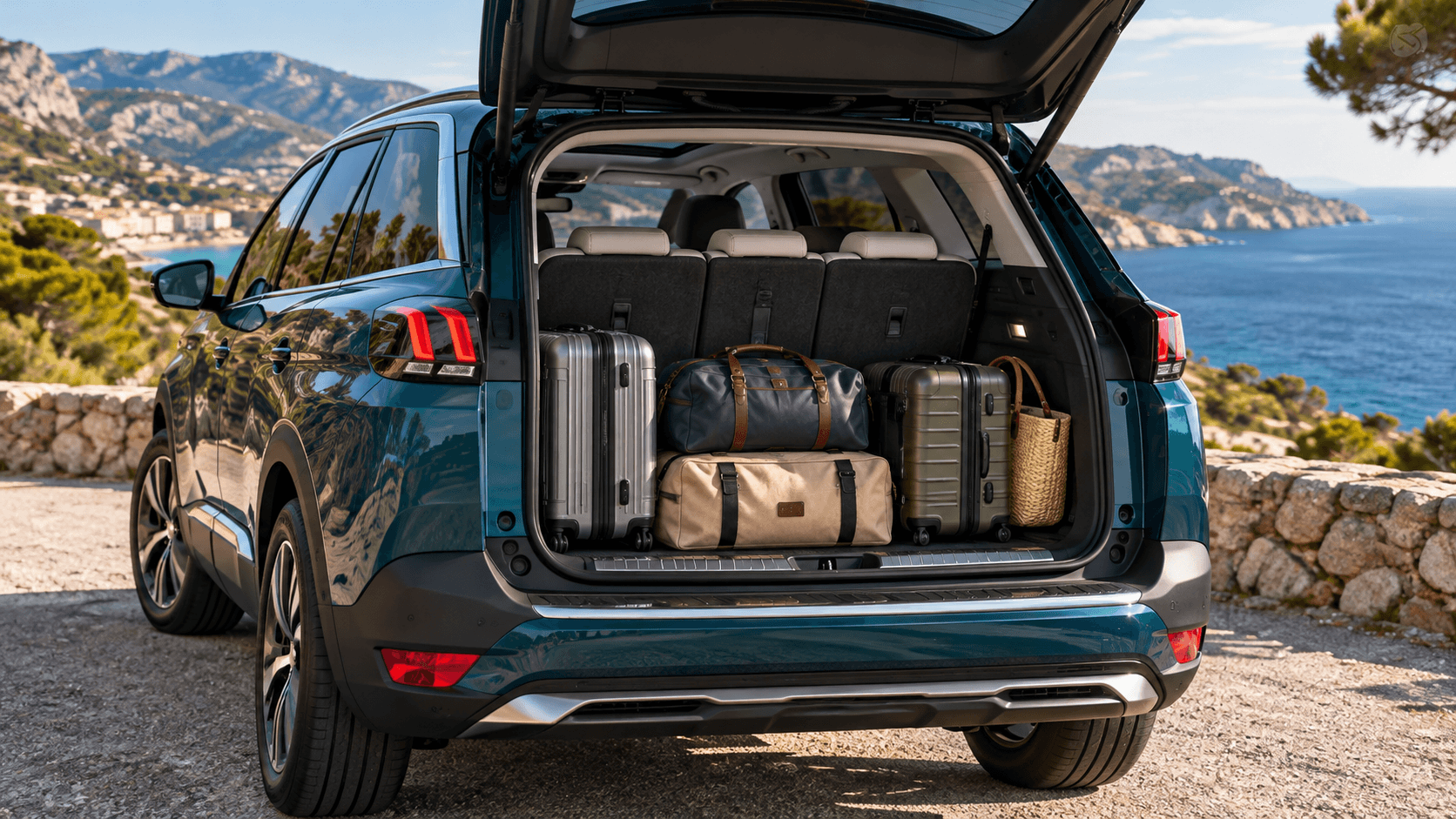 Khoang hành lý Peugeot 5008 chứa vali và túi xách khi phục vụ chuyến du lịch gia đình