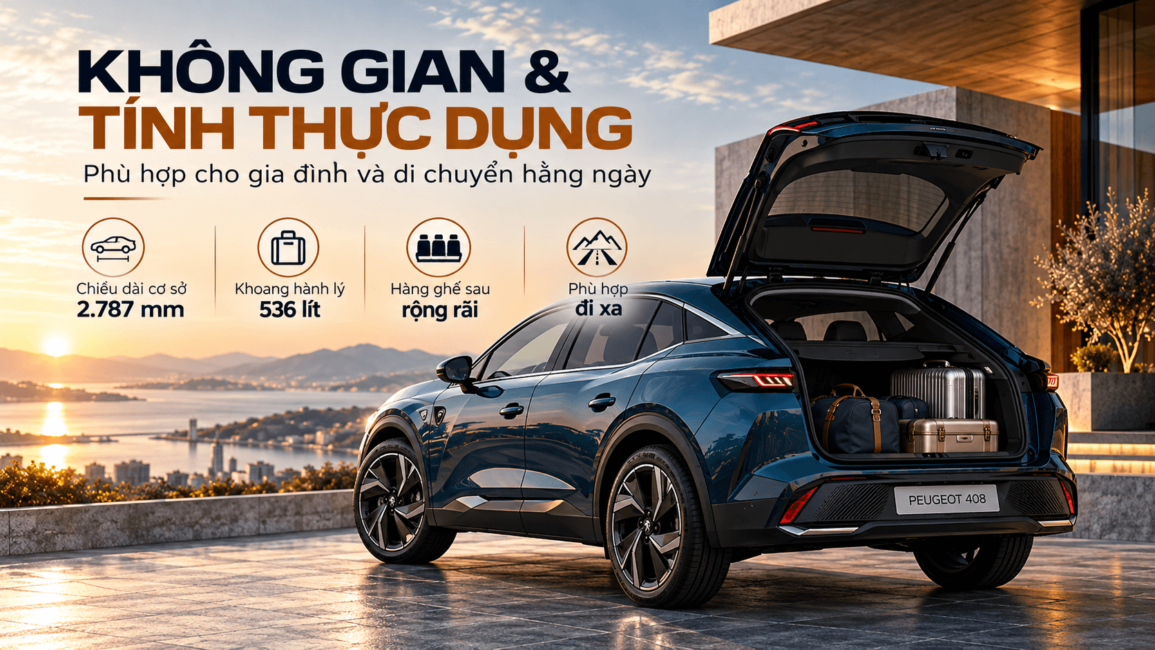 Không gian hành lý Peugeot 408 dung tích 536 lít phù hợp nhu cầu gia đình