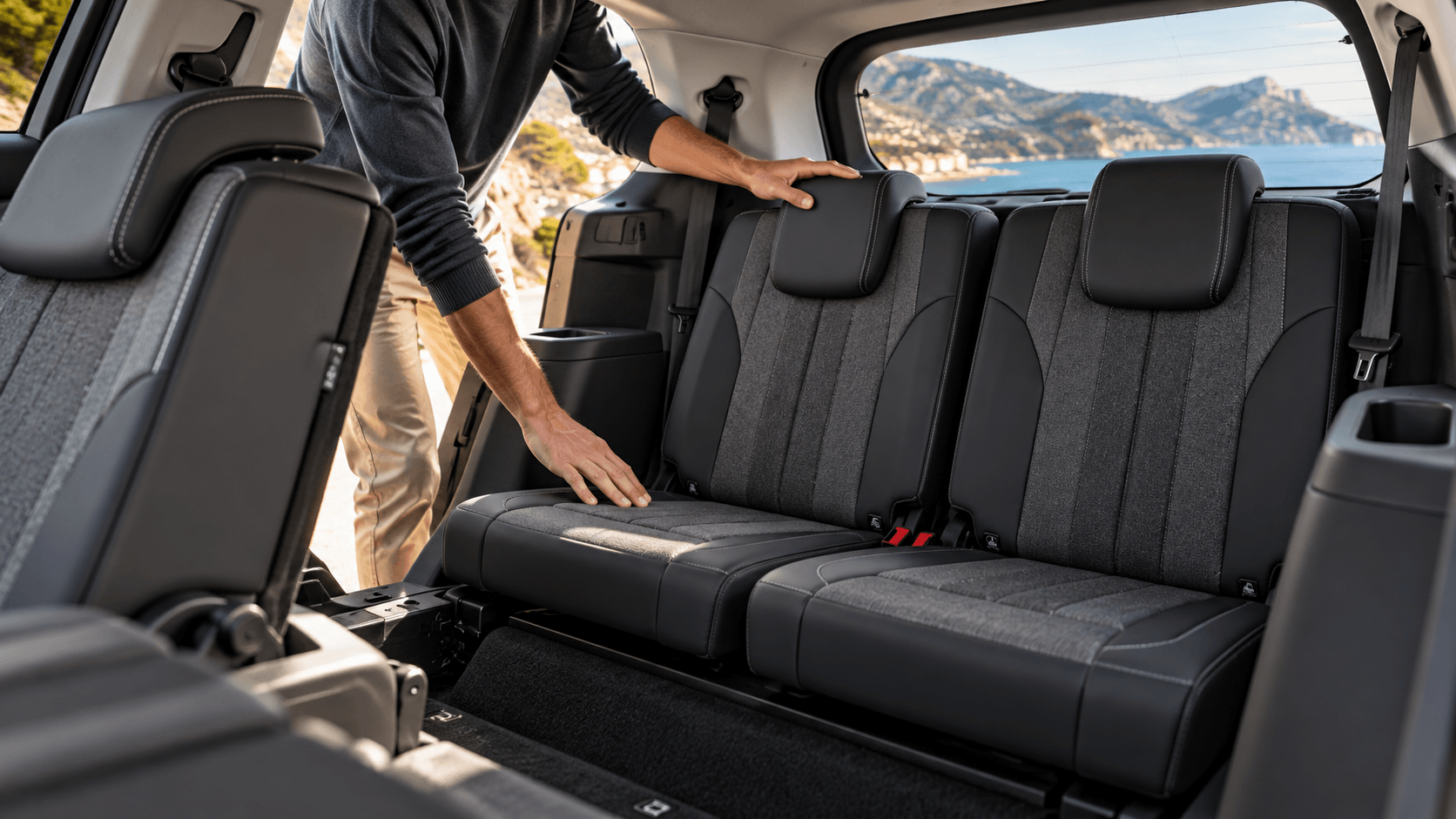 Người dùng kiểm tra hàng ghế thứ 3 Peugeot 5008 để đánh giá độ thoải mái trước khi mua