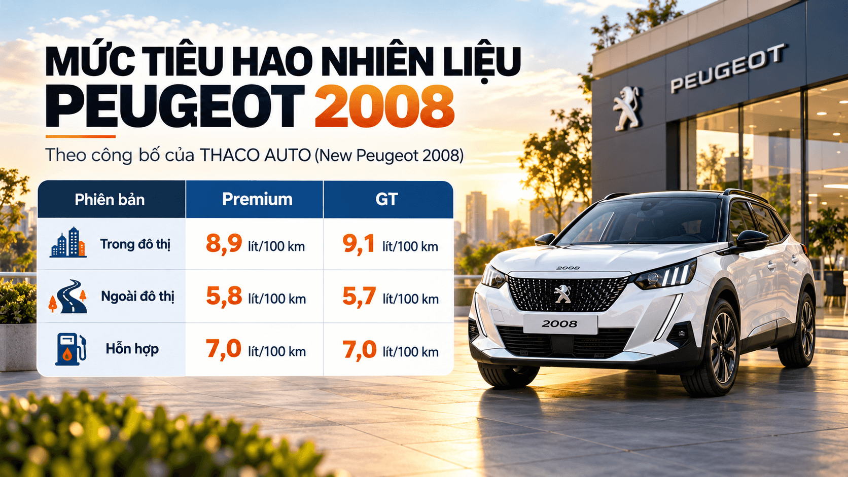 Mức tiêu hao nhiên liệu Peugeot 2008 Premium và GT trong đô thị, ngoài đô thị và hỗn hợp