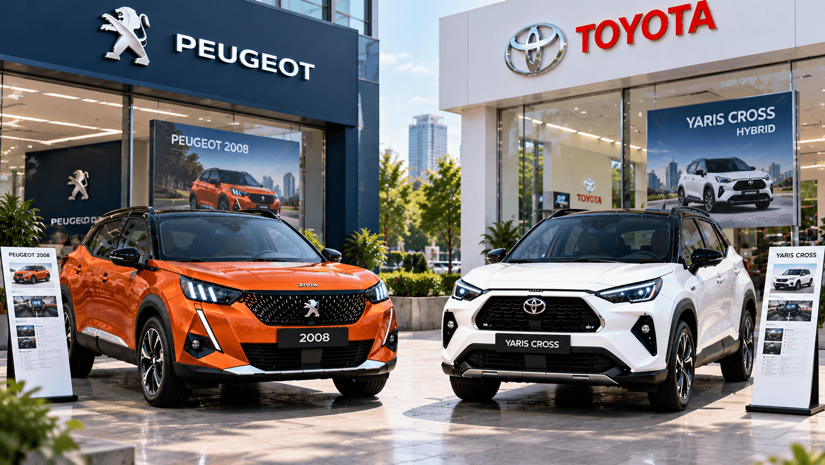 Peugeot 2008 màu cam và Toyota Yaris Cross màu trắng trưng bày trước showroom để so sánh lựa chọn mua xe