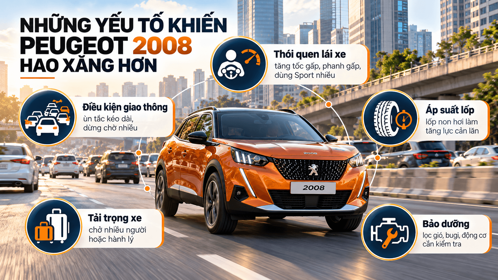 Những yếu tố khiến Peugeot 2008 hao xăng như ùn tắc giao thông, áp suất lốp và tải trọng xe