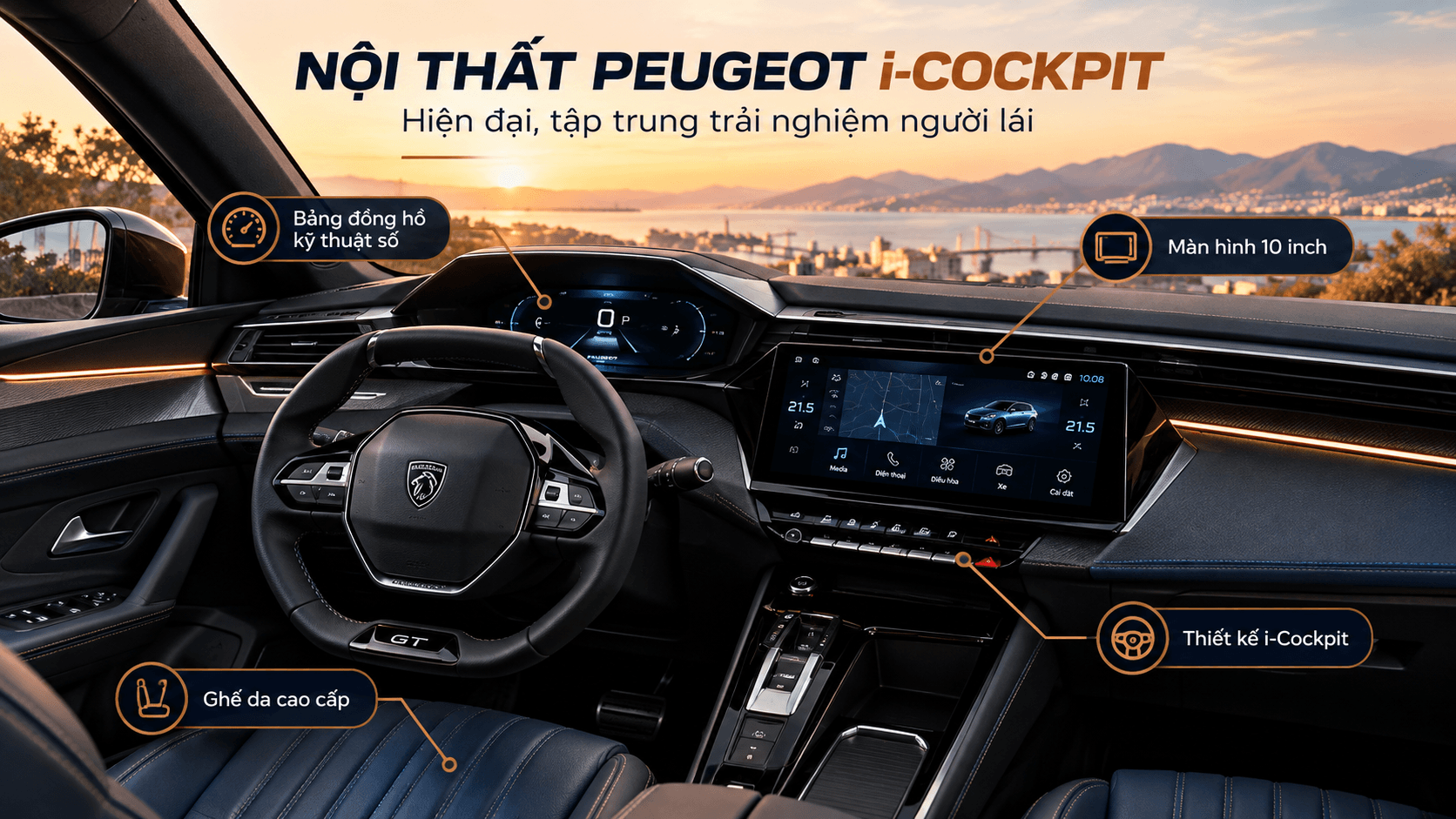 Nội thất Peugeot 408 với thiết kế i-Cockpit, vô lăng nhỏ và màn hình giải trí hiện đại