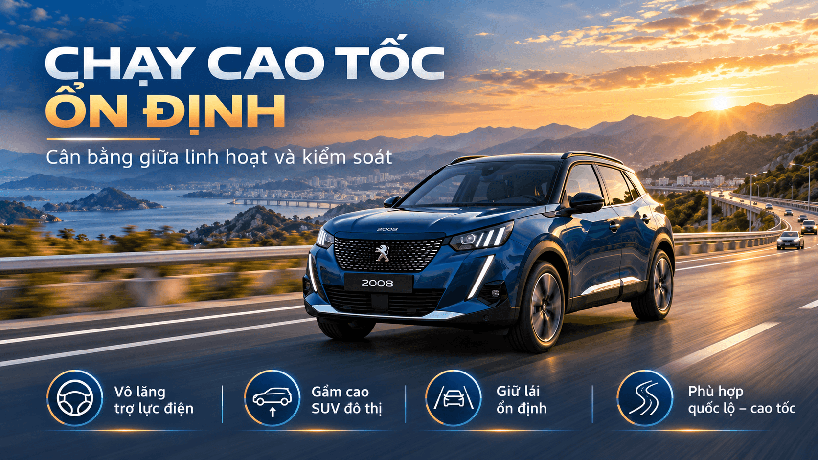 Peugeot 2008 chạy cao tốc với khả năng vận hành ổn định và hệ thống lái trợ lực điện