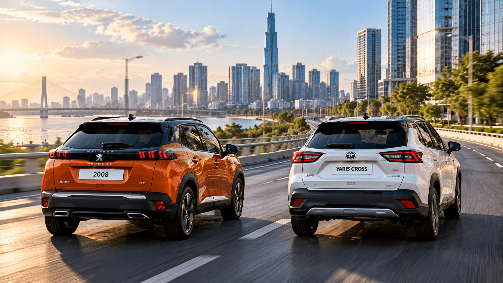 Peugeot 2008 màu cam và Toyota Yaris Cross màu trắng trong không gian đô thị hiện đại