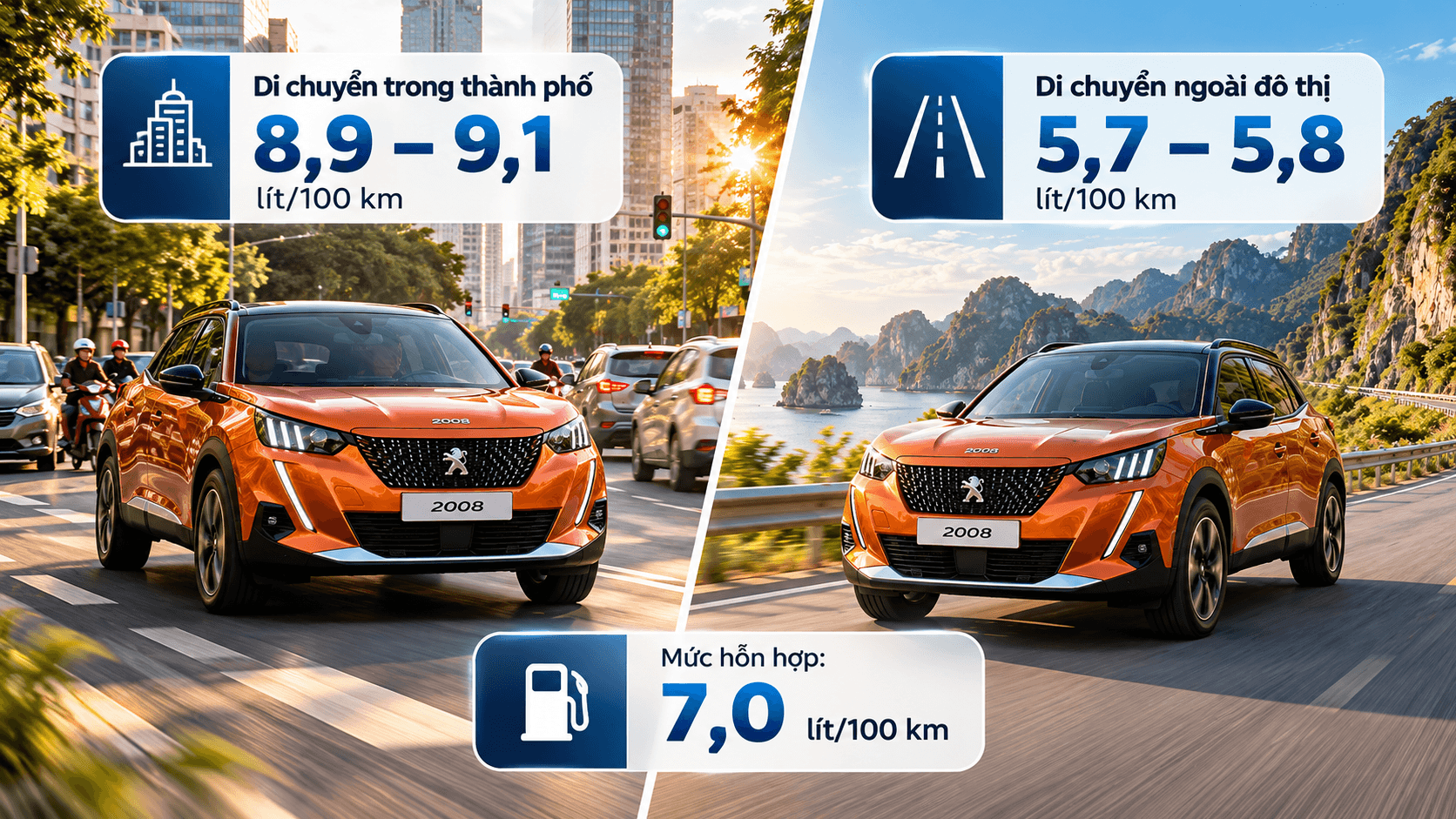 Peugeot 2008 di chuyển trong thành phố và đường trường với mức tiêu hao nhiên liệu khác nhau
