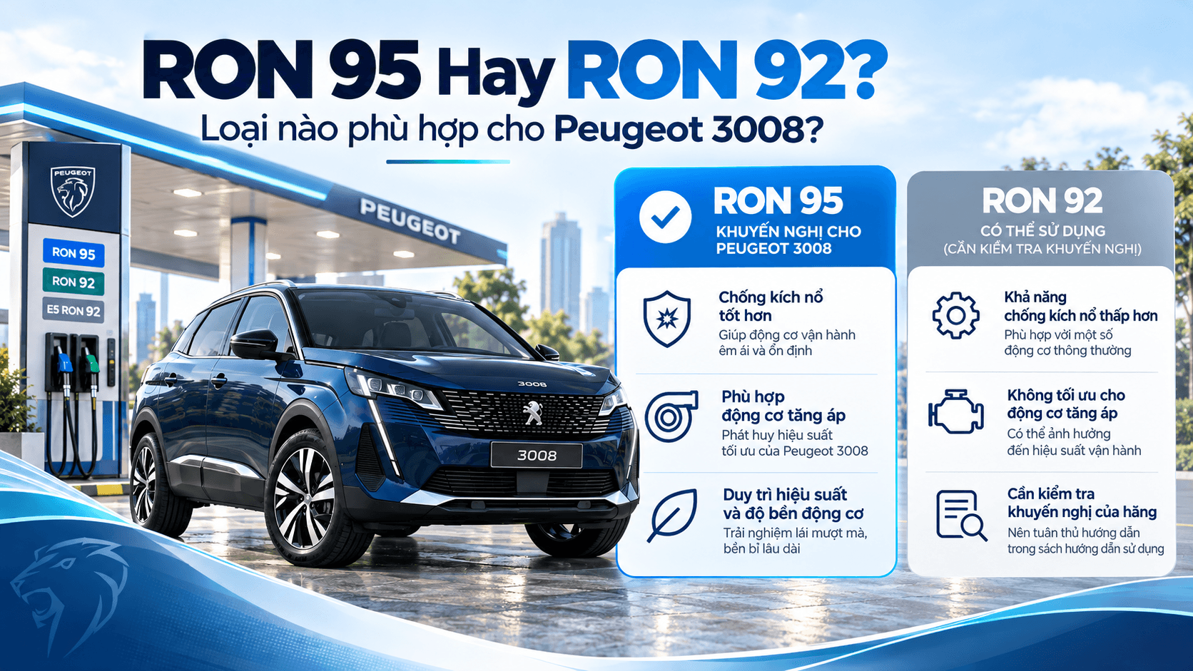 So sánh xăng RON 95 và RON 92 để lựa chọn nhiên liệu phù hợp cho Peugeot 3008