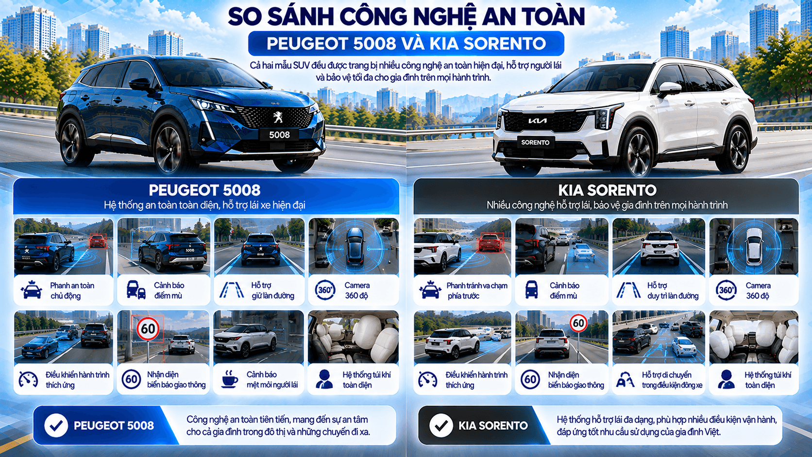 Công nghệ an toàn Peugeot 5008 và Kia Sorento