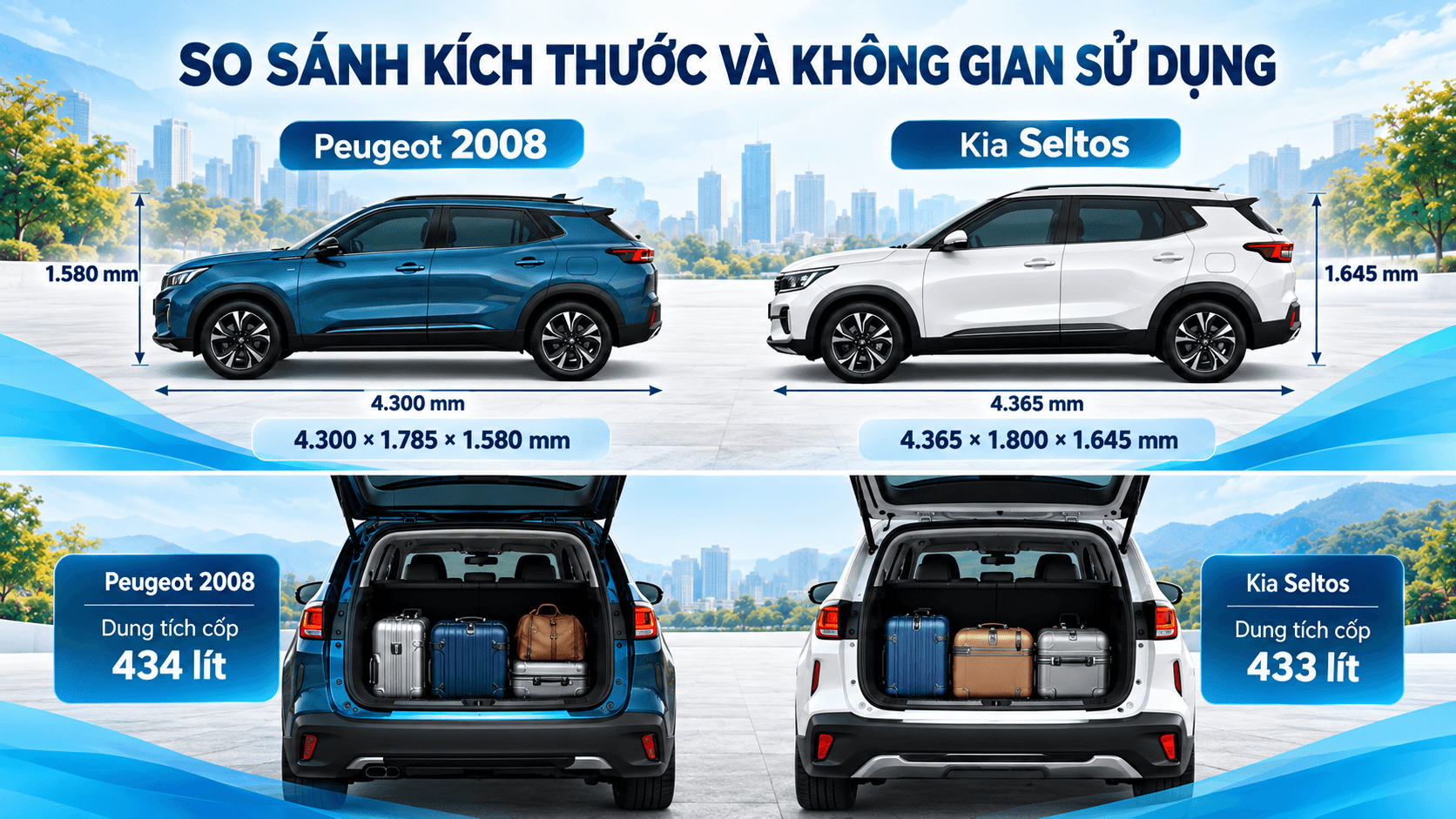 So sánh kích thước Peugeot 2008 và Kia Seltos cùng dung tích khoang hành lý