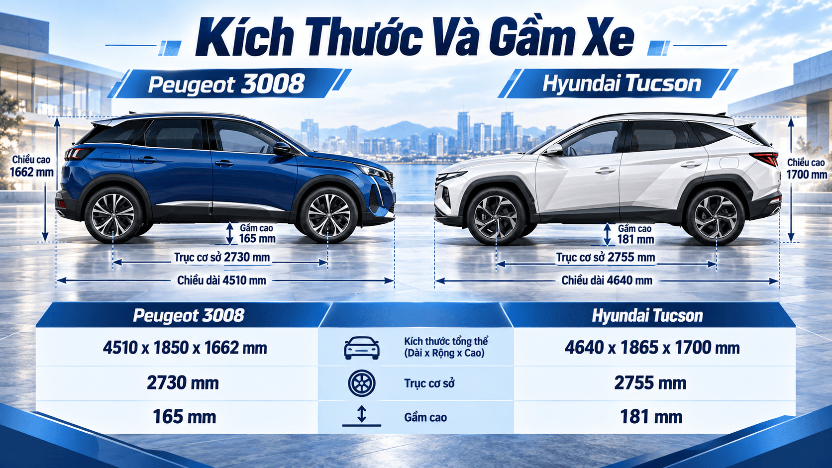 Kích thước Peugeot 3008 và Hyundai Tucson