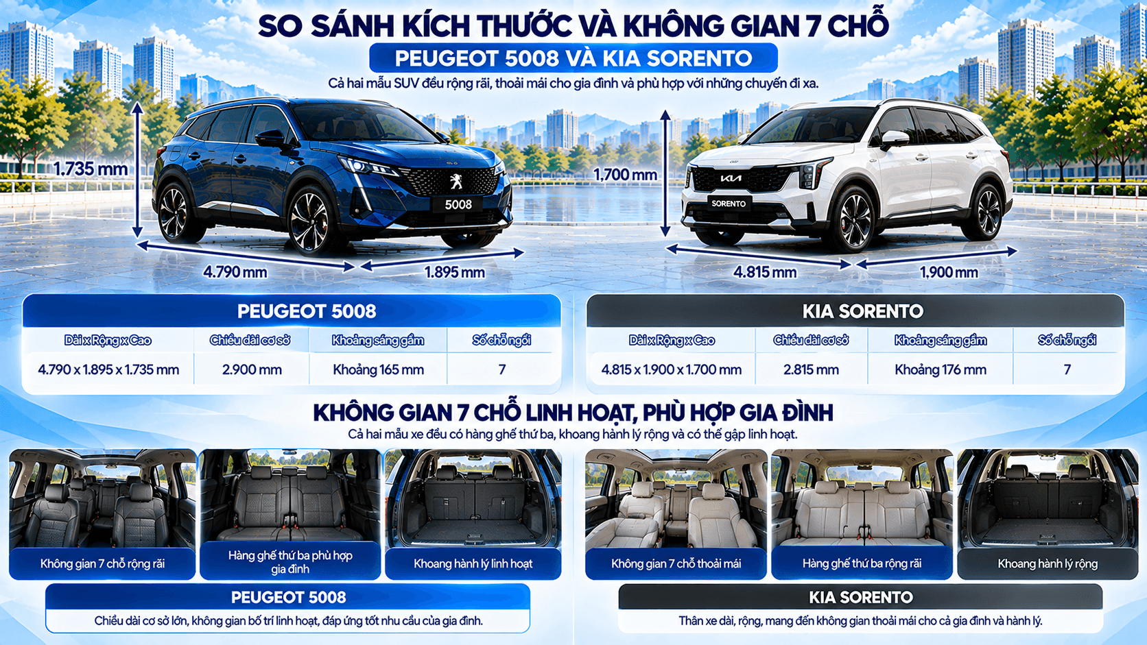 Kích thước Peugeot 5008 và Kia Sorento