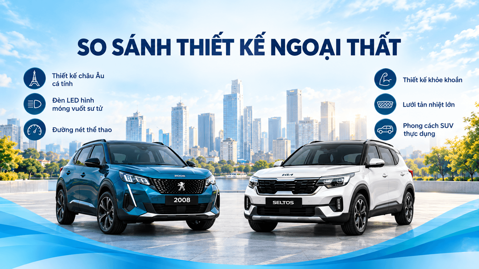 So sánh thiết kế ngoại thất Peugeot 2008 màu xanh và Kia Seltos màu trắng