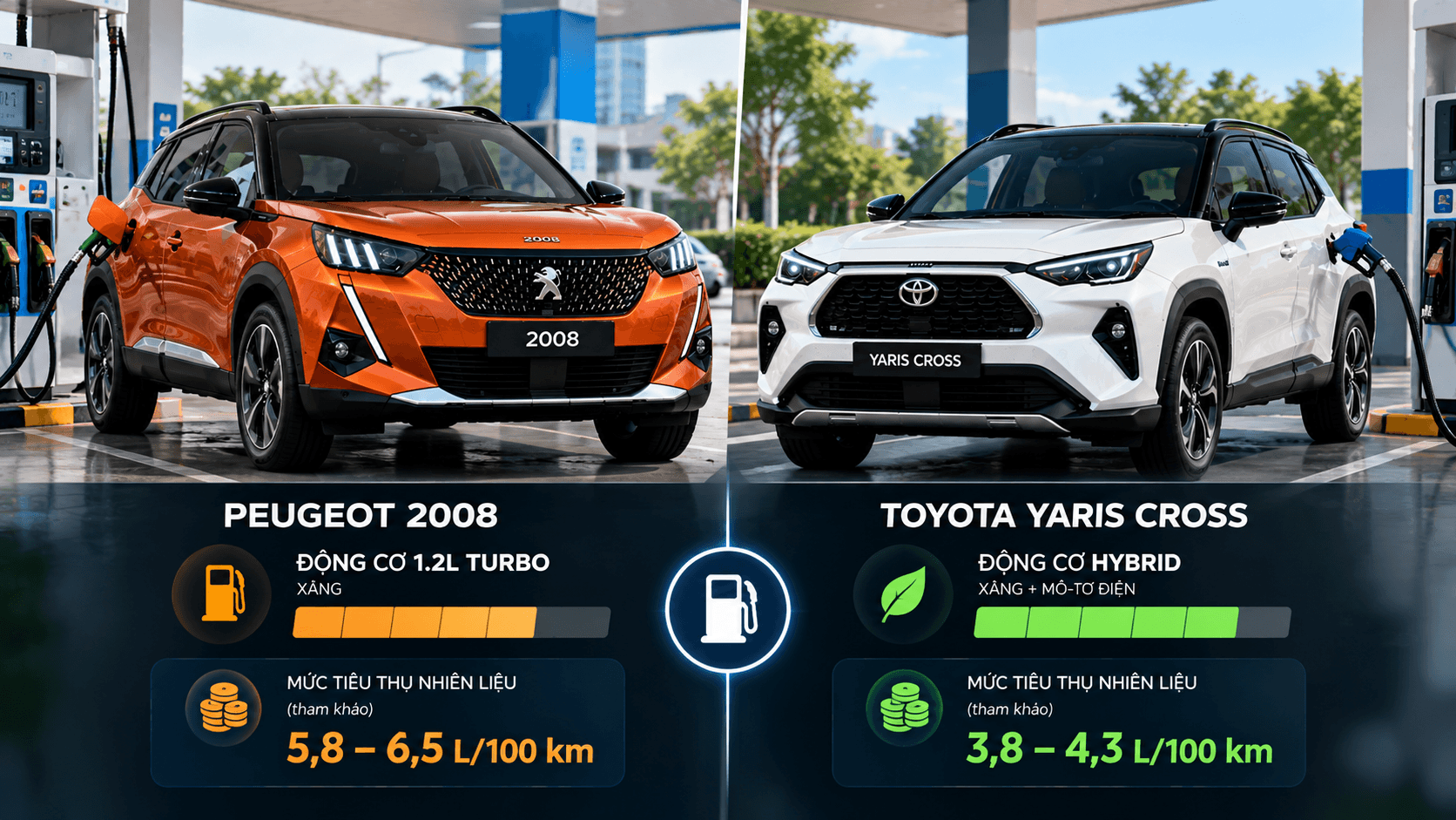So sánh mức tiêu thụ nhiên liệu của Peugeot 2008 động cơ xăng và Toyota Yaris Cross Hybrid